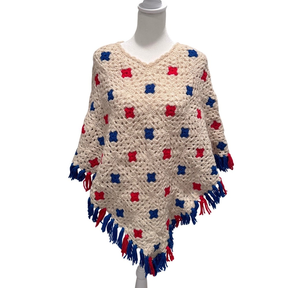 Vintage Hand Crochet Poncho Shawl Red Blue‎ Fringe Cottagecore Western One Size